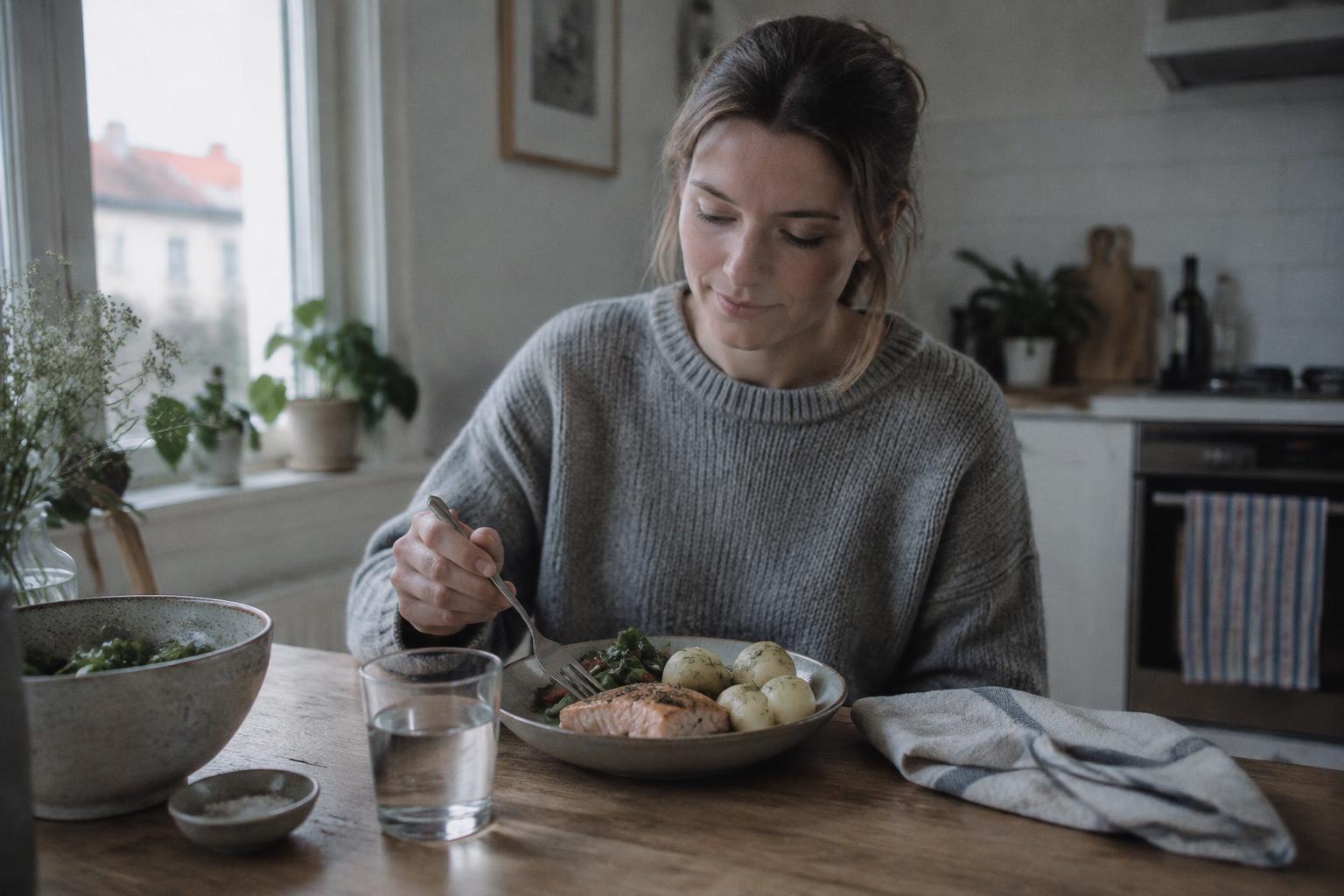 En kvinna äter en enkel middag med lax och potatis vid köksbordet